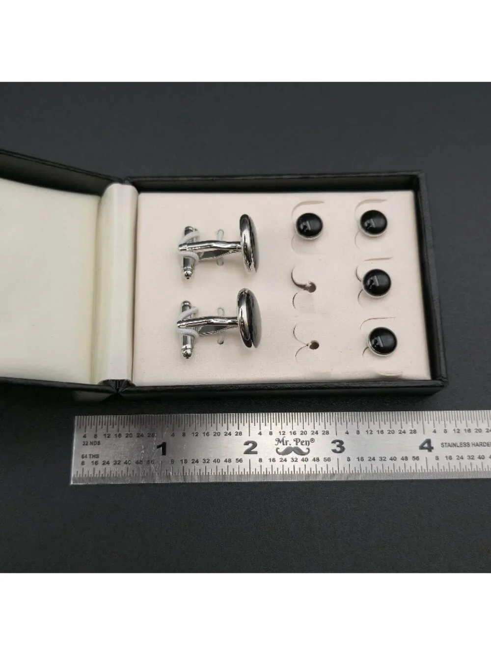 Classic Black Onyx Tuxedo Cufflinks and Studs Set with Silver Trim B1326